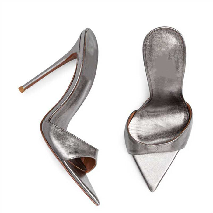 Women Metallic Leather Mules High Heeled Sandals