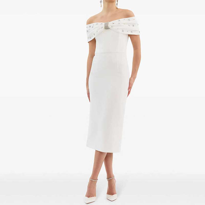 Women Off-The-Shoulder Body-Con Cocktail Midi Dress Dresses