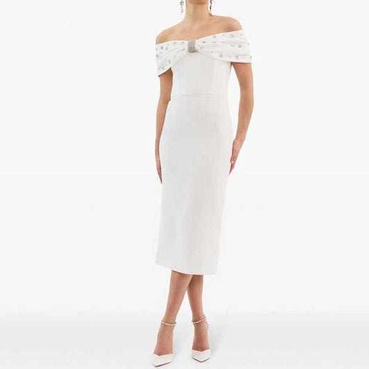 Women Off-The-Shoulder Body-Con Cocktail Midi Dress Dresses