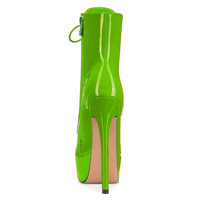 Women Platform Ankle Boots Patent Leather Round Toe Stiletto Shoes