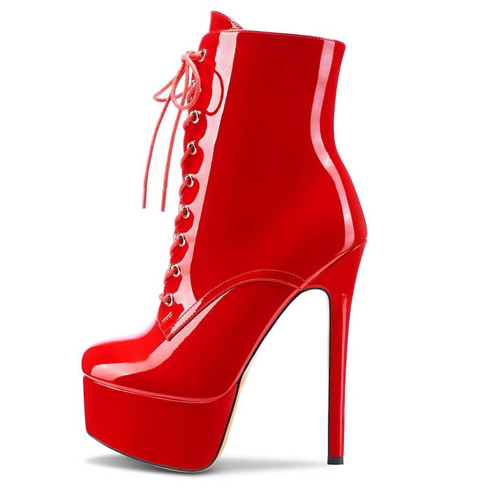 Women Platform Ankle Boots Patent Leather Round Toe Stiletto Shoes