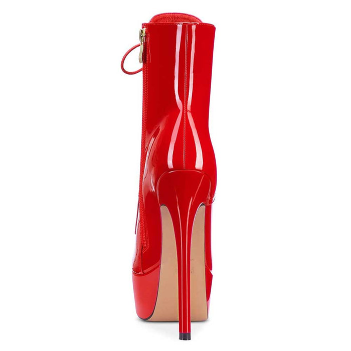 Women Platform Ankle Boots Patent Leather Round Toe Stiletto Shoes