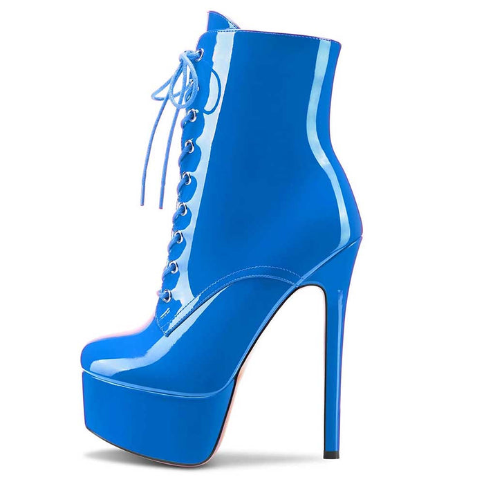 Women Platform Ankle Boots Patent Leather Round Toe Stiletto Shoes