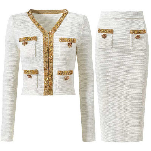 Women Pocket Knitted Cardigan Jacket + Long Skirt Two Pieces Skirt Suit