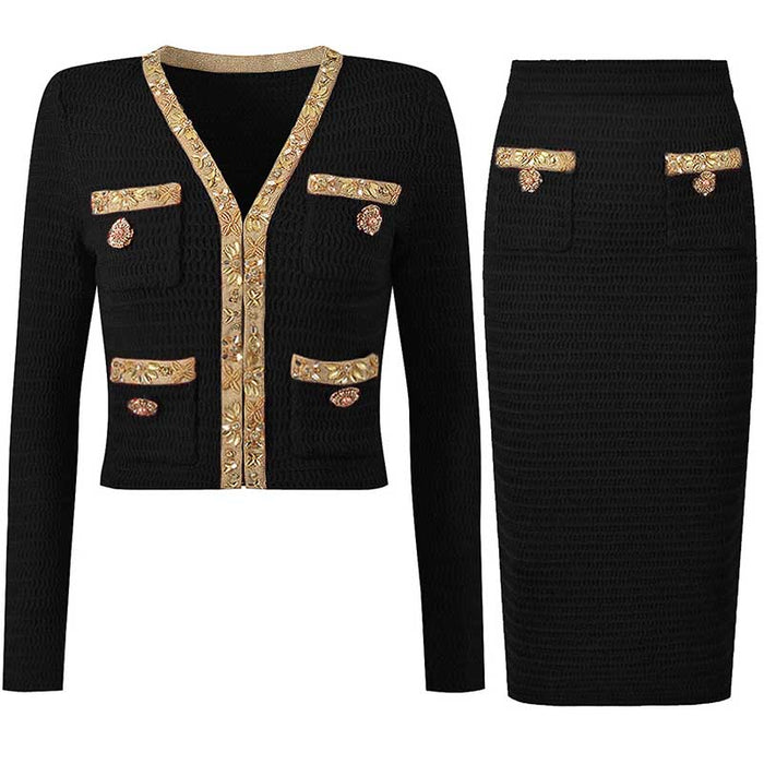 Women Pocket Knitted Cardigan Jacket + Long Skirt Two Pieces Skirt Suit