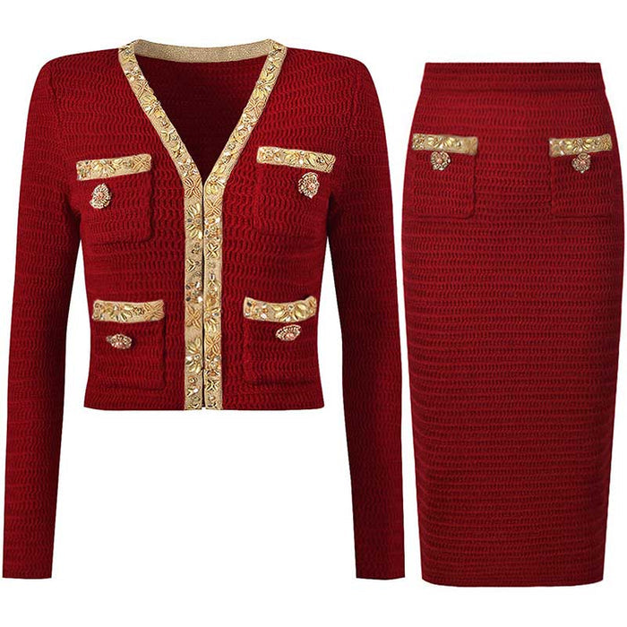Women Pocket Knitted Cardigan Jacket + Long Skirt Two Pieces Skirt Suit