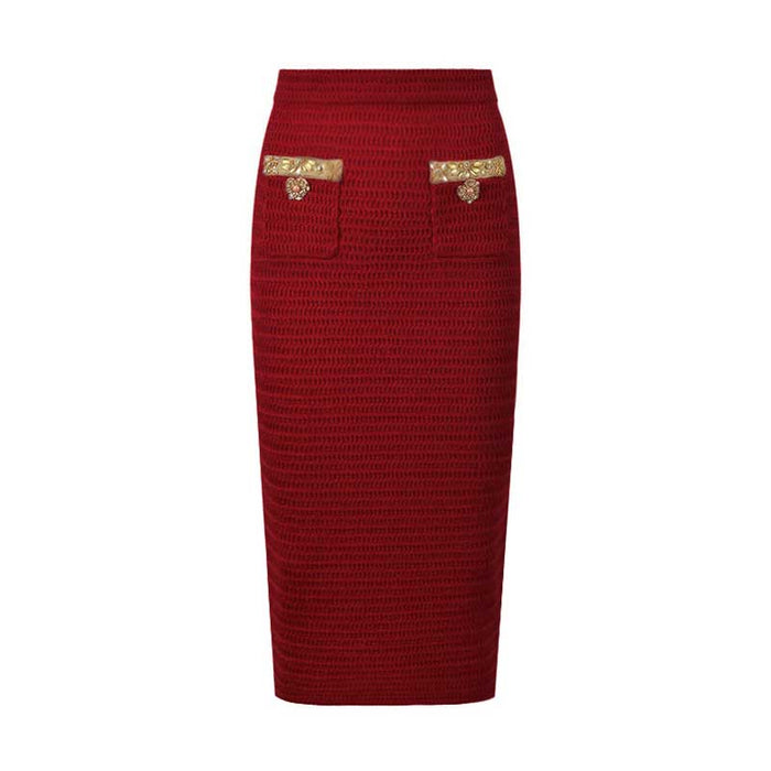 Women Pocket Knitted Cardigan Jacket + Long Skirt Two Pieces Skirt Suit