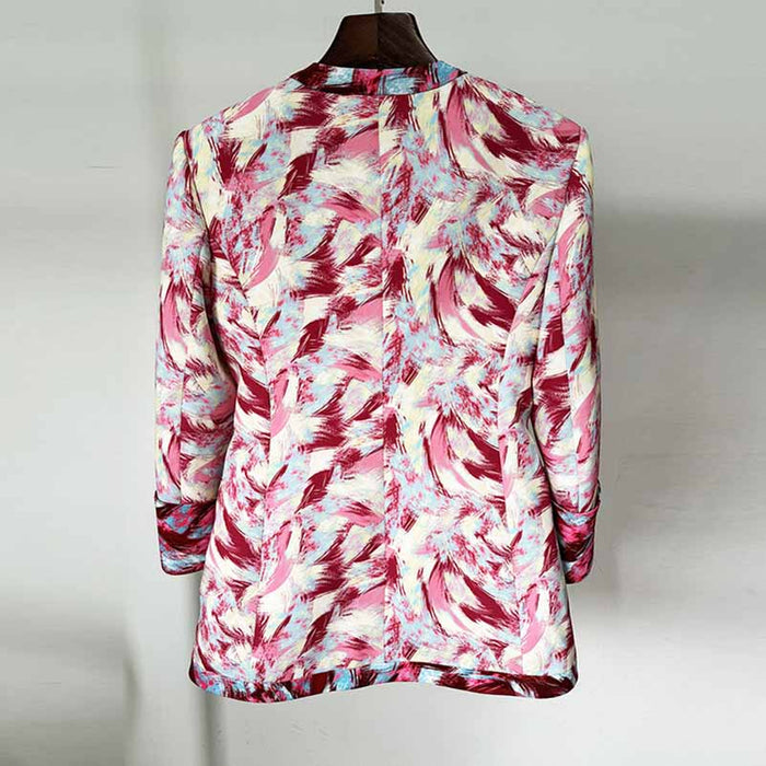 Women Print Collarless Buttons Long Jacket Pantsuit