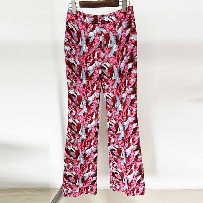 Women Print Collarless Buttons Long Jacket Pantsuit
