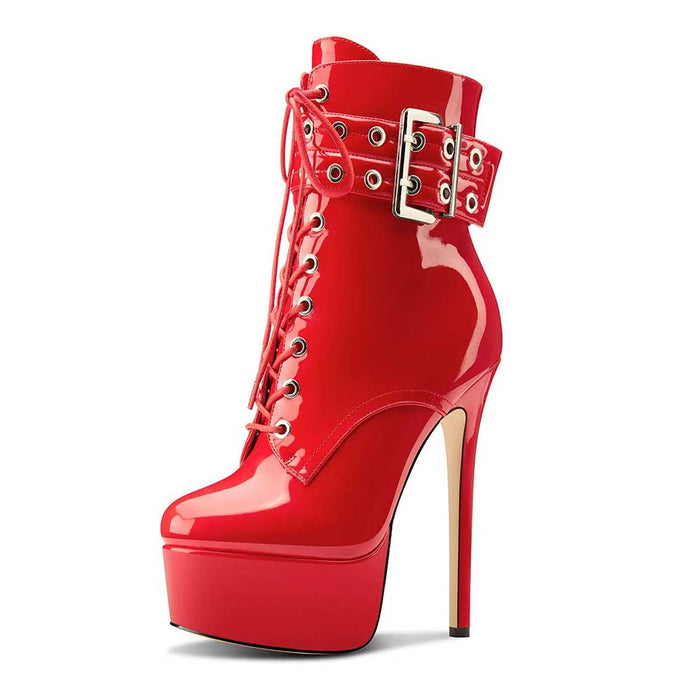 Women Red Round Toe Lace Up Ankle Boots Platform Pumps Party Boots
