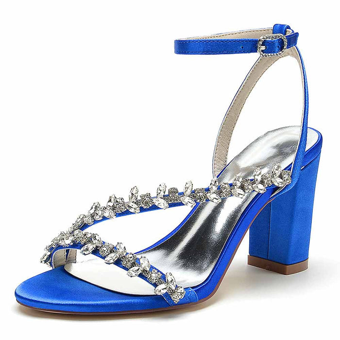 Elegant blue block heels sandals with sparkling rhinestone detailing and ankle strap design