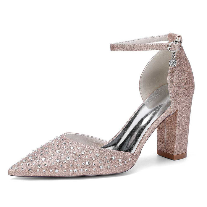 Women Satin Chunky Shoes Rhinestones Bridal Block Heel Sparkle Wedding Shoes