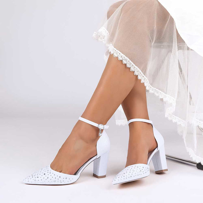 Women Satin Chunky Shoes Rhinestones Bridal Block Heel Sparkle Wedding Shoes