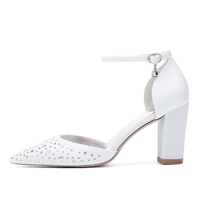 Women Satin Chunky Shoes Rhinestones Bridal Block Heel Sparkle Wedding Shoes