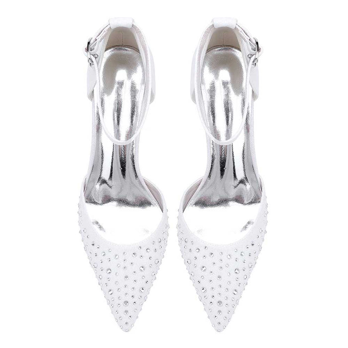 Women Satin Chunky Shoes Rhinestones Bridal Block Heel Sparkle Wedding Shoes