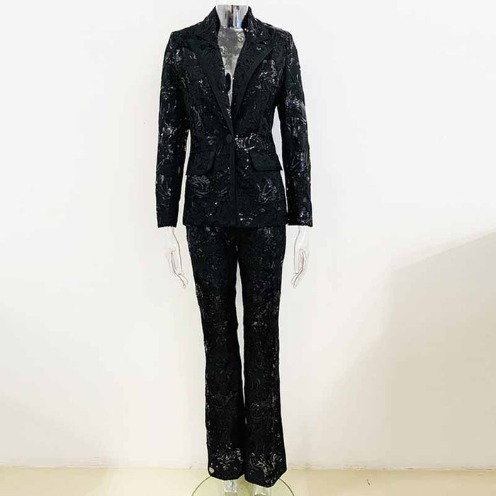 Women Sequined Wedding Suit Lace Blazer + Trousers Two Pieces Set Event Suit
