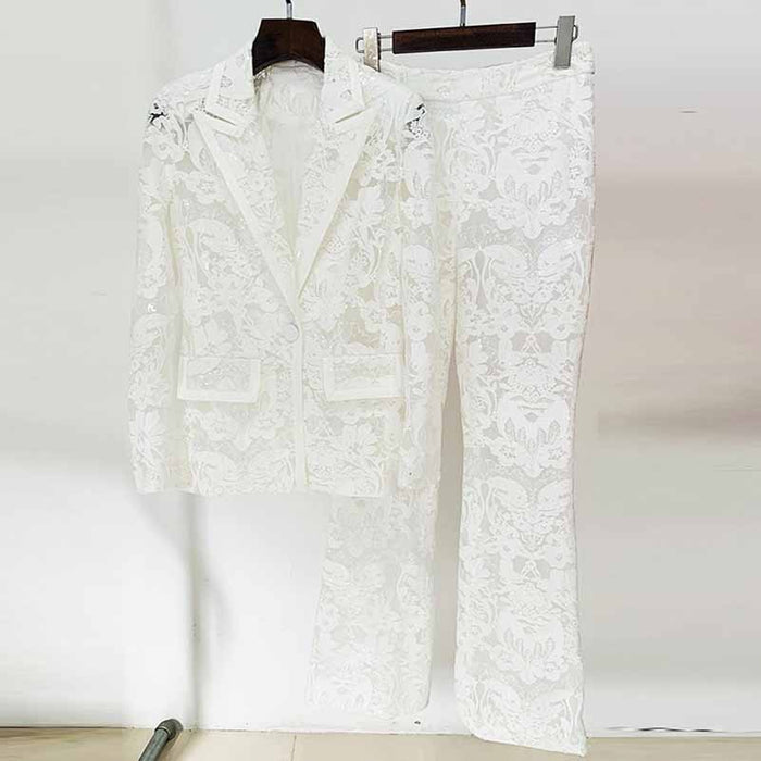 Women Sequined Wedding Suit Lace Blazer + Trousers Two Pieces Set Event Suit