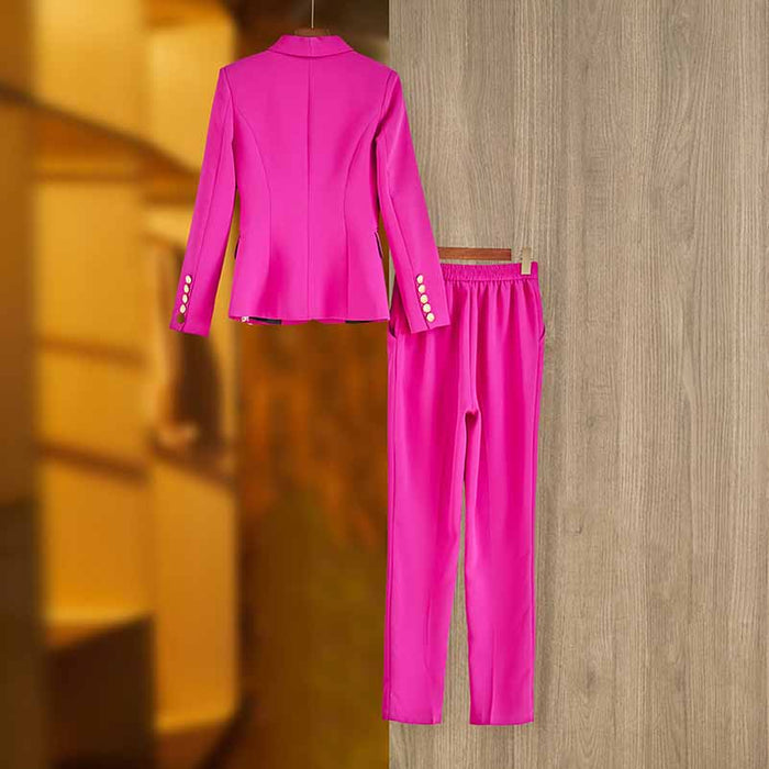 Women Shawl Collar Golden Buttons Blazer + Cropped Pants Trousers Pantsuit Suit Hot Pink