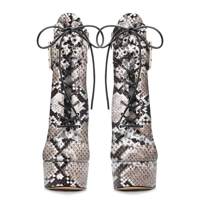 Women Snake Printing Round Toe Lace Up Ankle Boots Platform Pumps Party Boots