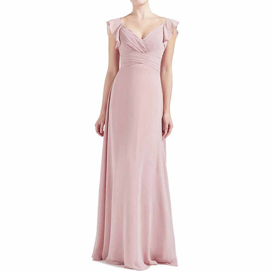 Women V Neck Ruffle Cap Sleeve Empire Waist Long Bridesmaid Dresses