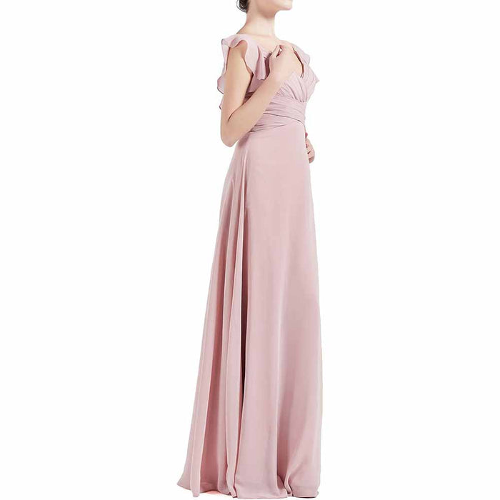Women V Neck Ruffle Cap Sleeve Empire Waist Long Bridesmaid Dresses