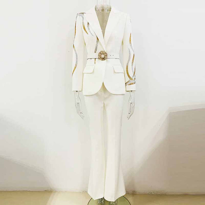 Women Wedding Pantsuits With Belt hot drilling Flare Bottoms Two Pieces Formal Suit