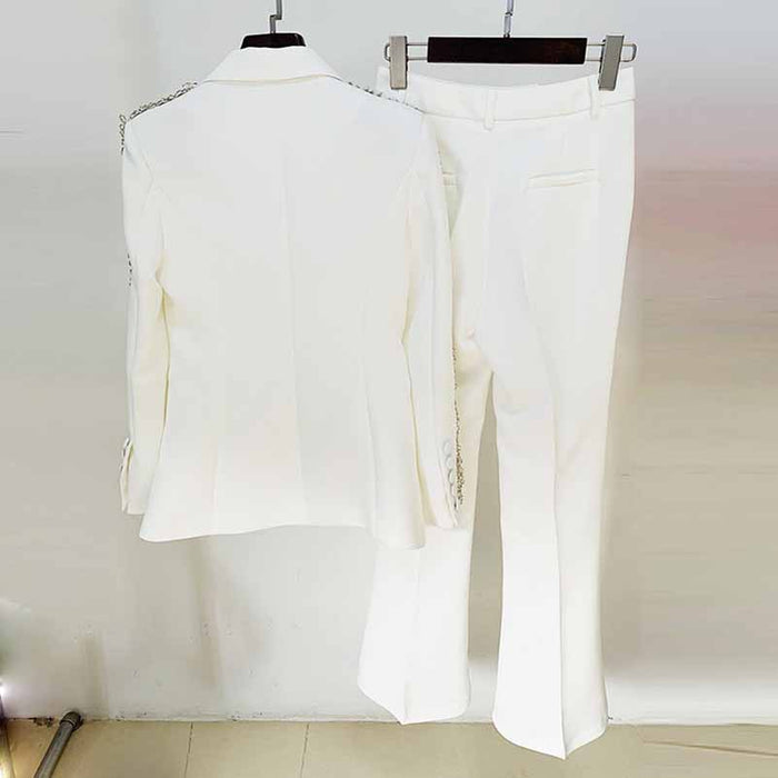 Women White Bling Bling Diamonds Decoration Fitted Blazer + Mid-High Waist Trousers Pants