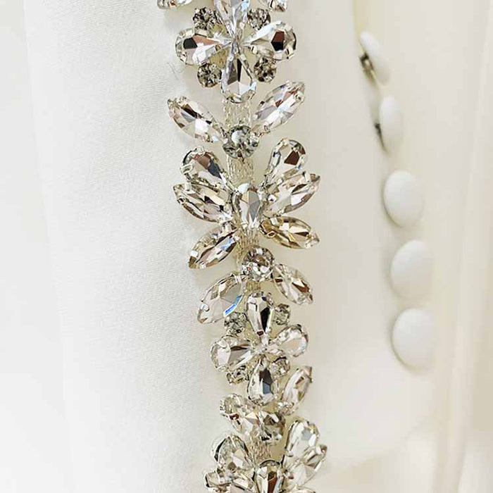 Women White Bling Bling Diamonds Decoration Fitted Blazer + Mid-High Waist Trousers Pants
