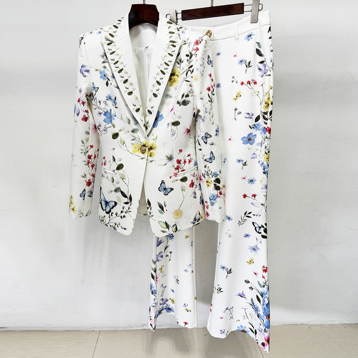 Women White Floral & Butterfly Print Blazer Set | Elegant Botanical Two-Piece Suit with Flared Pants