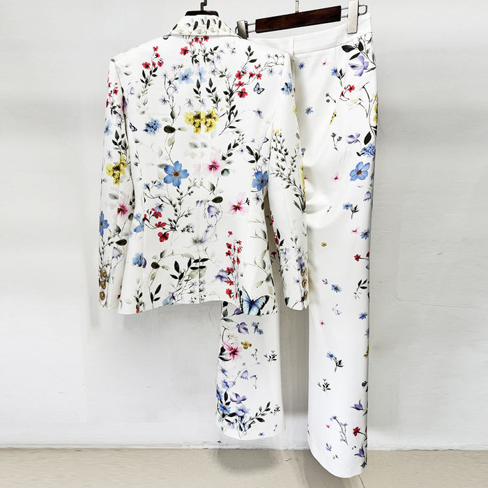 Women White Floral & Butterfly Print Blazer Set | Elegant Botanical Two-Piece Suit with Flared Pants