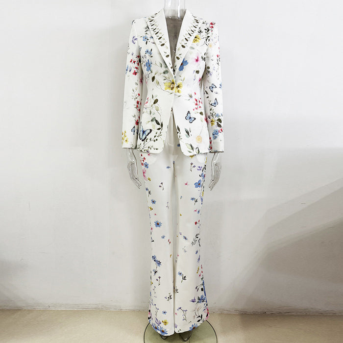 Women White Floral & Butterfly Print Blazer Set | Elegant Botanical Two-Piece Suit with Flared Pants