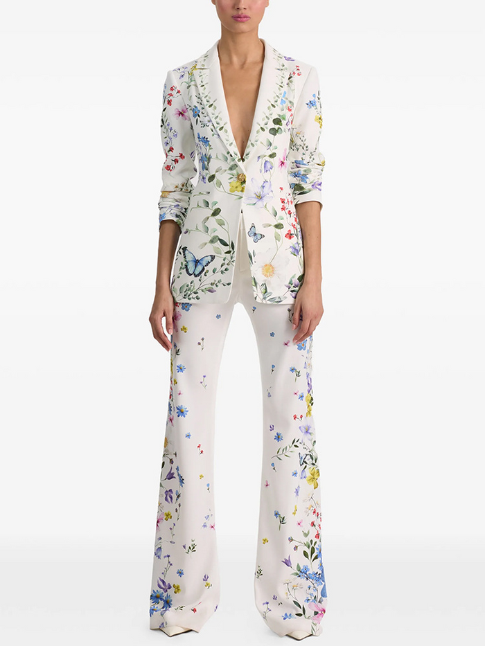 Women White Floral & Butterfly Print Blazer Set | Elegant Botanical Two-Piece Suit with Flared Pants