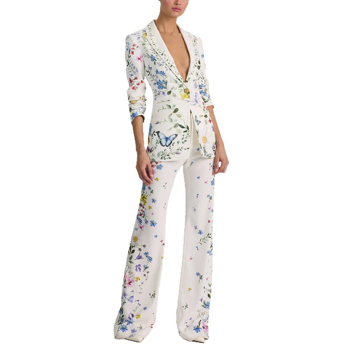 Women White Floral & Butterfly Print Blazer Set | Elegant Botanical Two-Piece Suit with Flared Pants