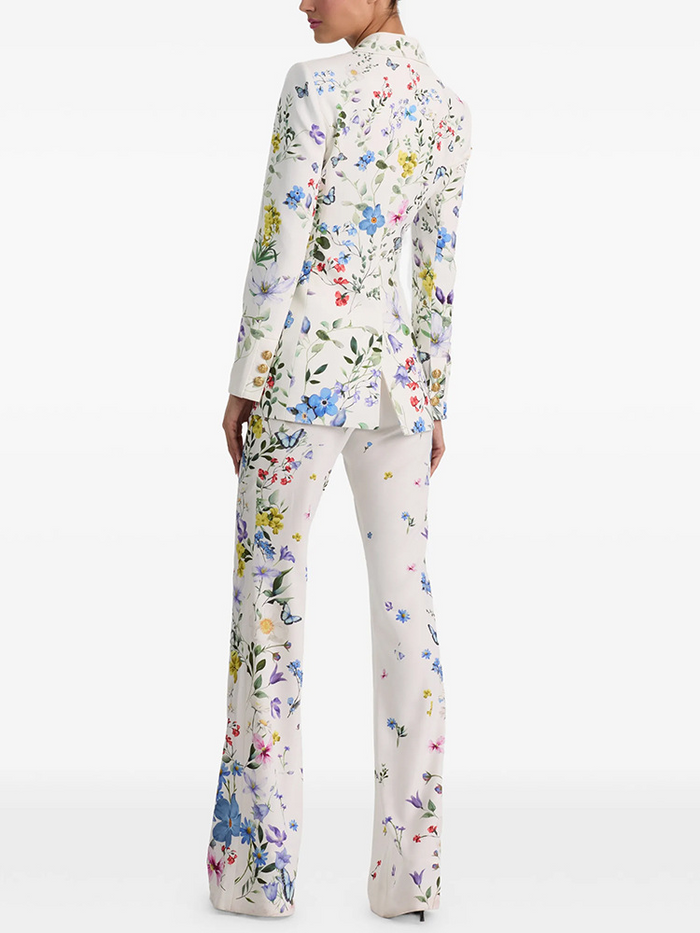 Women White Floral & Butterfly Print Blazer Set | Elegant Botanical Two-Piece Suit with Flared Pants