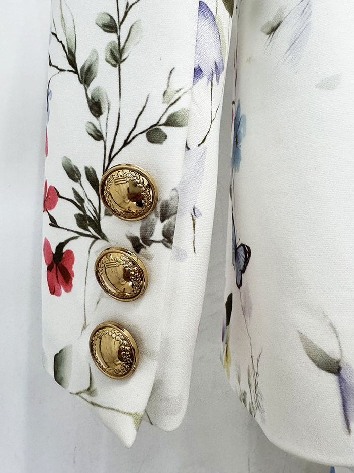 Women White Floral & Butterfly Print Blazer Set | Elegant Botanical Two-Piece Suit with Flared Pants