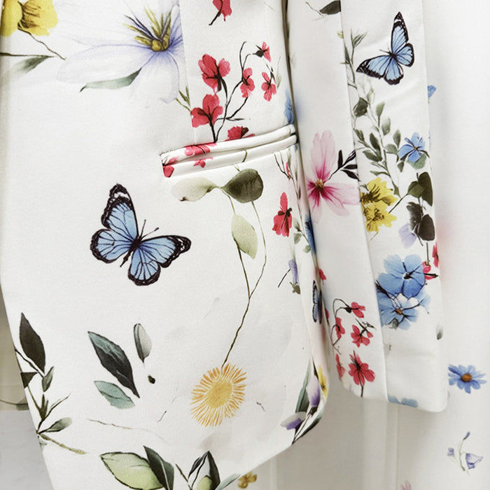 Women White Floral & Butterfly Print Blazer Set | Elegant Botanical Two-Piece Suit with Flared Pants