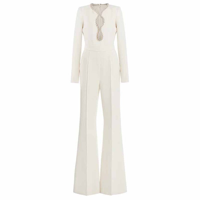 Women White Hand Made Studded Bead Neck Sexy Flare Trousers Playsuit Jumpsuit