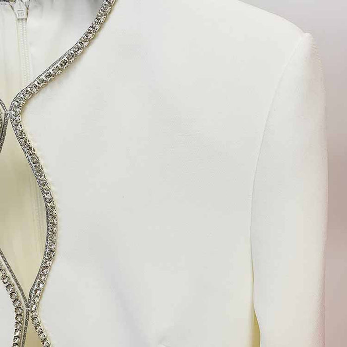 Women White Hand Made Studded Bead Neck Sexy Flare Trousers Playsuit Jumpsuit