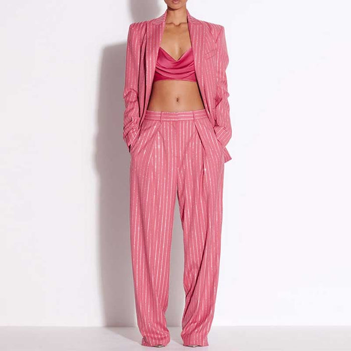 Women Wide-Leg Pantsuit Diamond Stripes Event Outfit