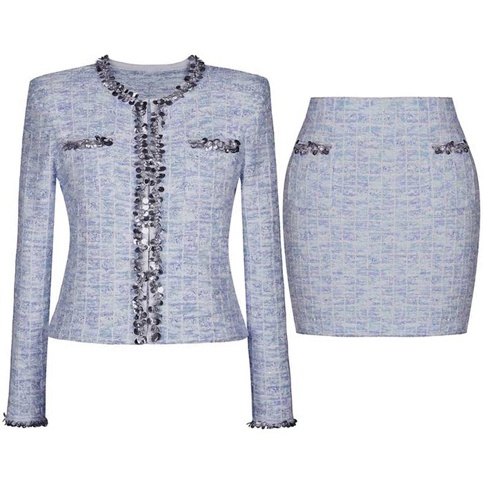 Women Wool Knitted Cardigan Jacket + Mini Skirt Two Pieces Skirt Suit