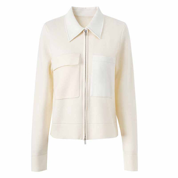 Women Zip Shirt Jacket With Faux Leather Trim Knitted Coat
