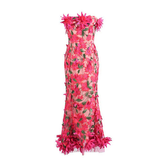 Women's 3D Flower Strapless Midi Dress