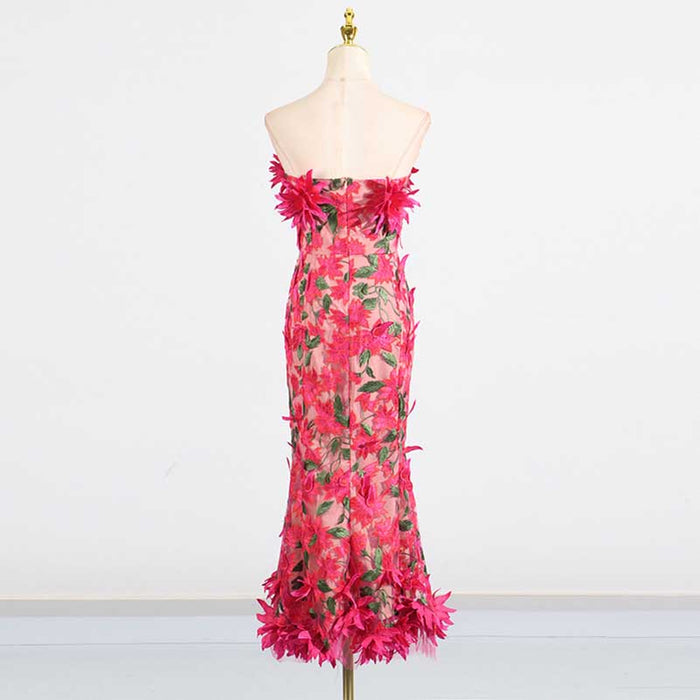 Women's 3D Flower Strapless Midi Dress