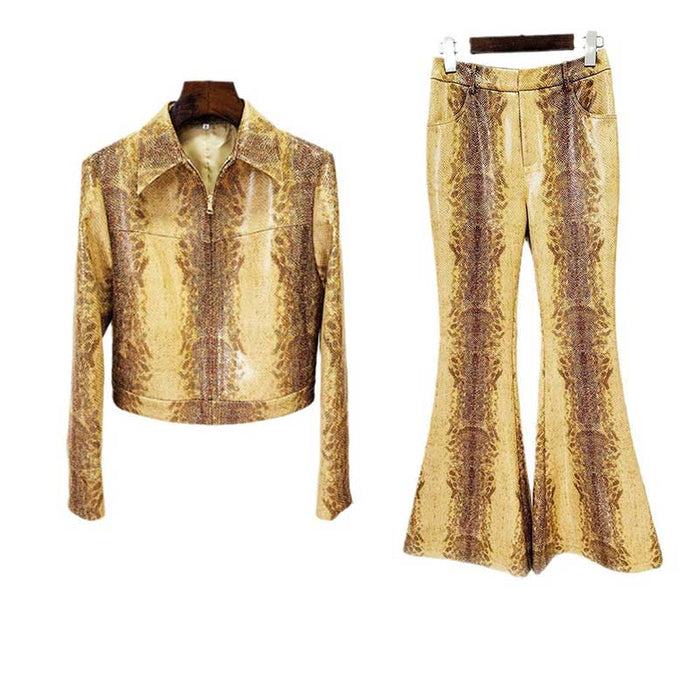 Women's Animal Print Wide-Leg Trousers Suit Leather Pantsuit