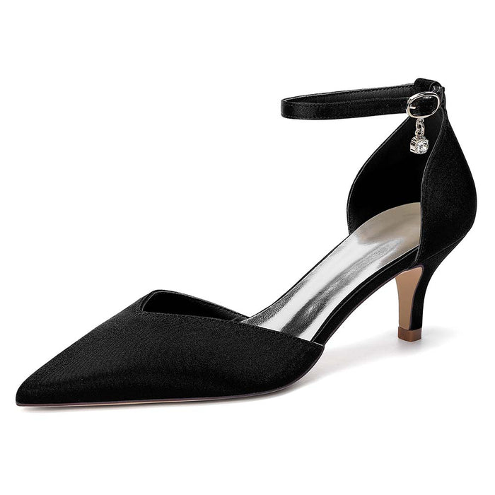 Women's Ankle Strap Kitten Heel Shoes | Bridal Formal Satin-Like Rhinestone Detail