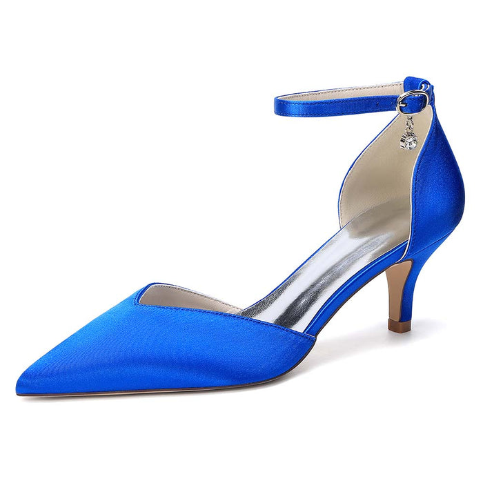 Women's Ankle Strap Kitten Heel Shoes | Bridal Formal Satin-Like Rhinestone Detail
