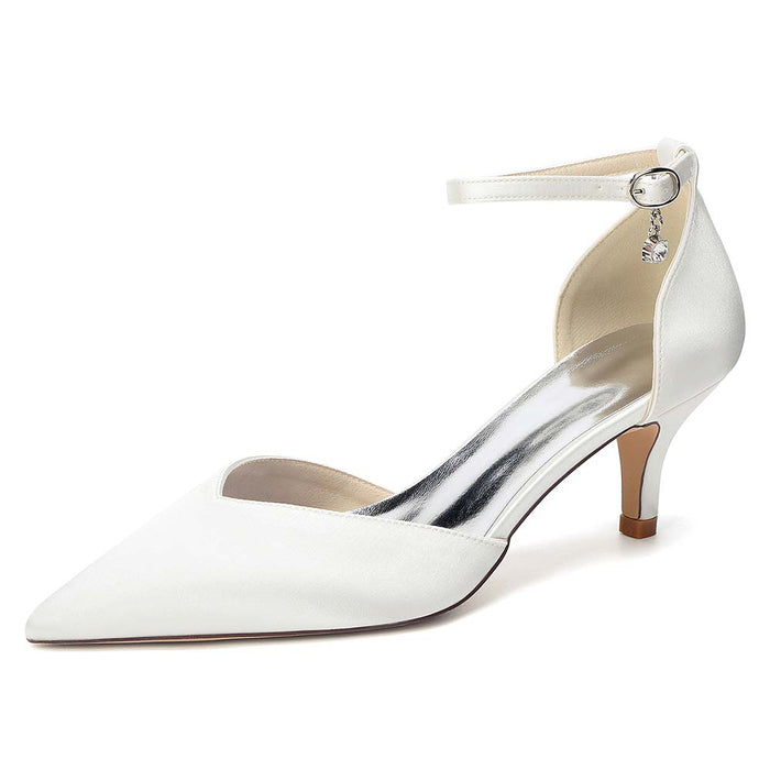 Women's Ankle Strap Kitten Heel Shoes | Bridal Formal Satin-Like Rhinestone Detail