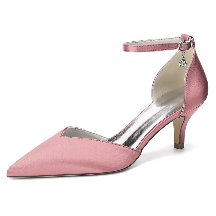 Women's Ankle Strap Kitten Heel Shoes | Bridal Formal Satin-Like Rhinestone Detail