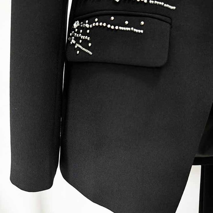 Women's Beaded Line Embellished One Button Pantsuit Black Formal Suit