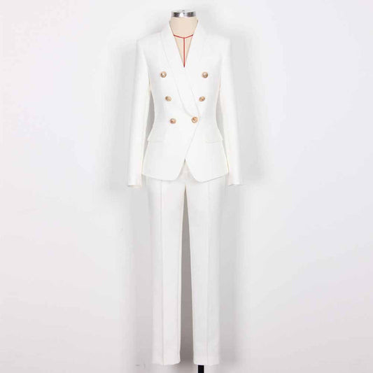 Women's Belted Pant Suit White Double Beasted Two Piece Business Set